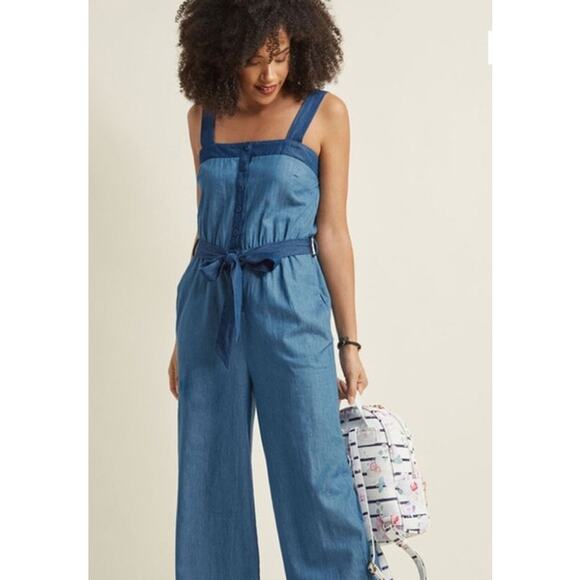 ModCloth Womens Blue Chambray Wide Leg Jumpsuit Plus Size 2X Indie Artistic Boho - Picture 1 of 10